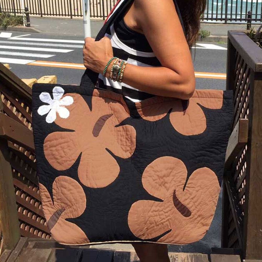 Hawaiianquiltハワイアンキルトバッグ ブラウンハイビスカス柄スクエアートートバッグ 大 レディースバッグ