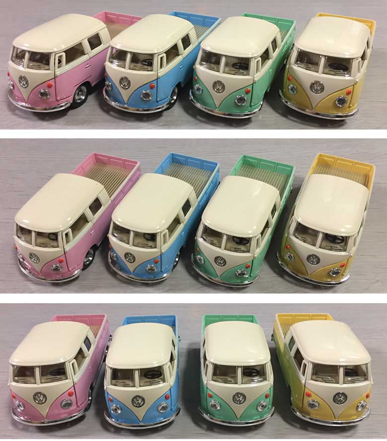 レトロ調フォルクスワーゲン　ダイキャストミニカー/おもちゃ　インテリア　1963 VW Bus Double Cab Pickup　Pastel  Color　1/34