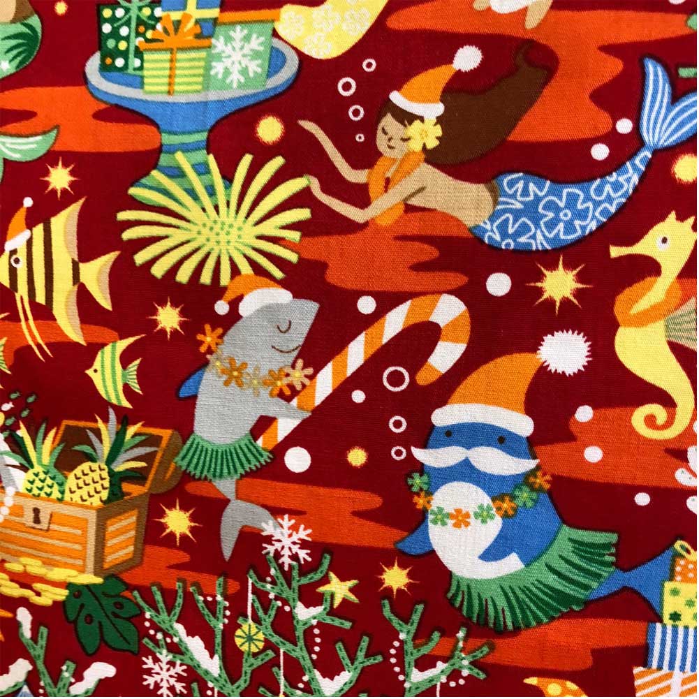 ハワイアン生地 クリスマス 人魚 海中 熱帯魚 レッド 南国 トロピカル パウスカート生地 綿 コットン100 3mまでゆうパケット対応 カーテン生地 ベットカバー生地 おしゃれ かわいい おススメ 大人