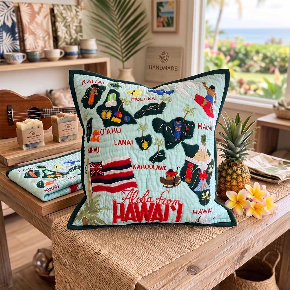 ハワイアンキルト クッションカバー ハワイ諸島 地図柄 マップ ミントブルー 46cm×46cm ハワイ オアフ島