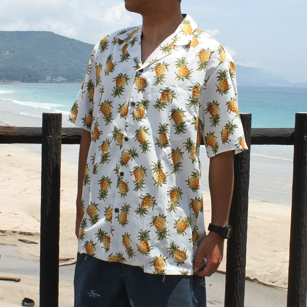 メンズ アロハ シャツ ブルー ハイビスカス ハワイ製 コットン 綿 半袖